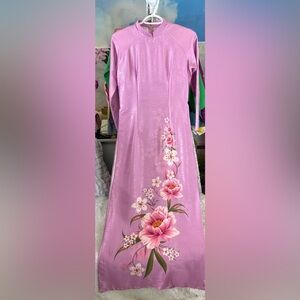 New ao dai lua van phap in, Vietnamese traditional long dress set l 4 purple 🎁